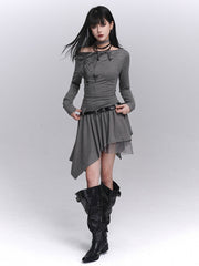 Light Gray Gothic Graffiti Off-Shoulder Dress with Handkerchief Hem & Neck Strap