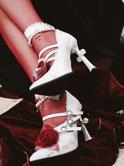 White Gothic Pointed Toe High Heels with Detachable Cross Charm Beaded Chains, Crisscross Straps & Lace Trim