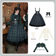 Green Preppy Style Lolita Set - Long Version Under Bust JSK + Shirt + Cropped Top