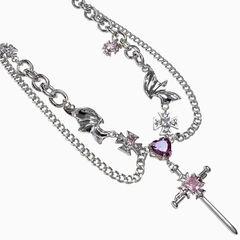 Y2K Silver Rhinestone and Wings Necklace with Cross Pandent
