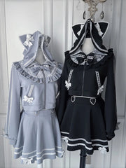 Tenshi Kawaii Jirai Kei Sports Set - Light Blue Cat Ear Hooded Jacket & Skirt with White Lace Trim