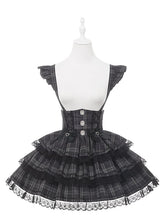 Vintage Gray Plaid Landmine Style Suspender Tiered Skirt with Flutter Sleeves