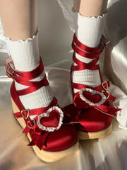 Wine Red Sweet Lolita Mary Janes - 6.5cm Wood Bottom with Convertible Heart Decor