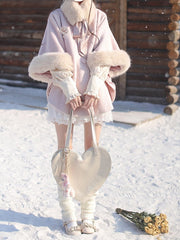 Sweet Pink Wool Cape Coat with Detachable Self-tie Shaggy Collar