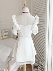 Yami Kawaii Red Cross Embroidered White Lace Halter Dress with Cutout Shoulders and Heartbeat Print Skirt