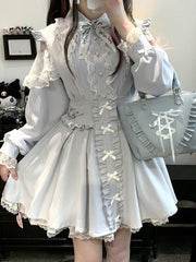 Blue/White/Pink/Black Bowknot Details Jirai Kei Overall Dress With Lace Trim Shorts