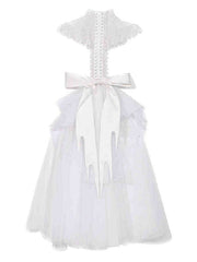 White Spine Lace-up Back Triangle Shawl with Detachable Big Bow Layered Train