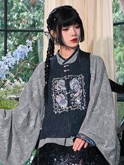 Navy Blue Chinese Style Square Neck Vest - Beaded Buttons with Goldfish Embroidery