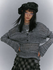 Y2K Gray Skeleton Pattern Distressed Holes Tank Top with Cardigan Glamorous Set