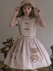 Pink Dropped Waist Sweet Lolita Dress with Teddy Bear Embroidery