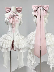 White Spaghetti Straps Corset Dress Balletcore Lolita JSK + Pink Bloomer Shorts + Pink Bows