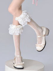 White Multi-layer Lace Trim Bow Decorated Lolita Calf Socks