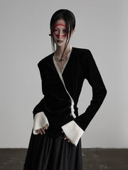 Urban Goth Black & White V-Neck Asymmetrical-Button Velvet Cardigan