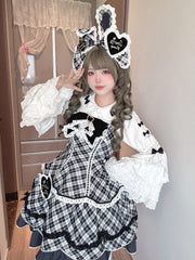 White & Black Plaid Sweetheart Appliques Sweet Lolita JSK Dress with Scalloped Edge Trim