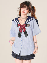 Blue Daily Kawaii Sailor Collar Striped Pattern Shirt With Bow Tie