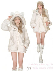 Thicken Version Daily Kawaii Plush Hooded Jacket - Cat Ear Hood, Lace Trim & Cross Accents with Bow Details