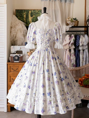 Blueberry Print Whitet Square Neckline Midi Dress with Free Choker and Hairclip