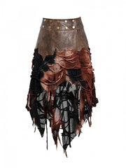 Wasteland Punk Brown PU & Wine Red and Black Tie-Dye Skirt with Handkerchief Hem