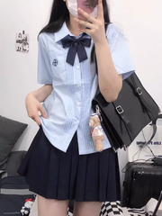 Short Sleeves Version White/Blue Preppy Style Floral Embroidery Pleating Details Shirt