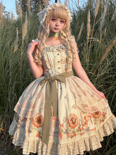 Green Bunny and Sunflower Print Sweet Lolita JSK Dress with Overlay and Plaid Hem