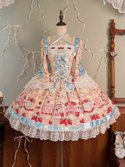 Strawberry Cake Print Yellow Sweet Lolita Dress Long Bell Sleeves One Piece