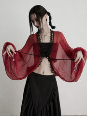 Urban Goth Red Sheer Ruffled Cardigan with Shell Cord Details