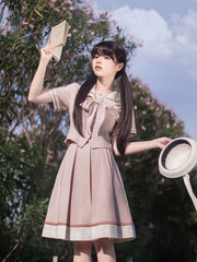 JK Uniform 55cm Pink Box Pleat Skirt with Beige Hem