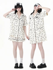 Beige Scalloped Edge Collar Allover Panda Print Pajamas Shirt Dress Panda Plushie