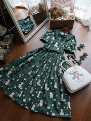 Long Version Dark Green Bear Print Short Sleeves Sweet Lolita Dress
