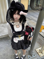 Soft Kawaii Black Plush Bloomer Overall Shorts with Cat & Paw Embroidery & Detachable Cat-Ear Hood