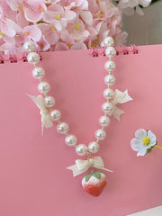 Red/Pink/Beige Bowknots Sweet Strawberry Beaded Necklace