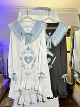 Jirai Kei Light Blue Sailor Dress with 'Angel's Dinner' Print, Winged Lace Collar & High-Low Hem