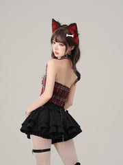 Red Plaid Halter Neck Crop Tank Top - Adorable & Slimming