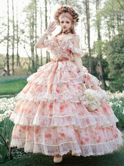Romantic Rosette Print Quinceanera Princess Dress Hanayome Lolita JSK Tiered Skirt Floor Length