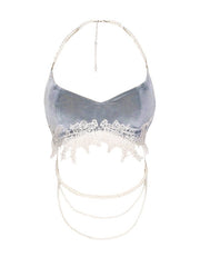 Lace Applique Dusty Blue Velvet Camisole with Detachable Bead Chains