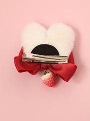 Sweet Lolita Plush Bunny Ear Strawberry Charm Bowknot Hairclip