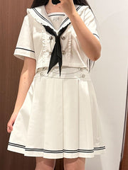 White Navycore JK Uniform Set- Sailor Collar Short Sleeves Top + 39CM / 42CM Pleated Skirt