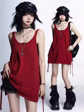Red Side Slit Vintage Glamorous Tank Top with Black Bustier Top Set
