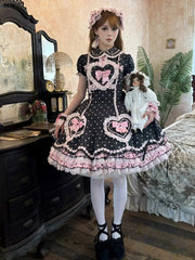 Black & Pink Heart Polka Dot Sweetheart Applique Sweet Lolita Dress with Bow Accents