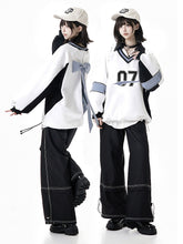 White V-Neck Regular/Back Bow Baseball-Style Sweatshirt with Front Numeric Design