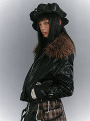 Glossy Black Metal Eyelet Hem Punk Padded Jacket with Detachable Faux Fur Collar & Wing Embroidery