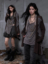 Vintage Punk Faux Two Piece Brown Top with Striped Rhinestone Lining & Back Cross Applique