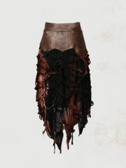 Wasteland Punk Brown PU & Wine Red and Black Tie-Dye Skirt with Handkerchief Hem