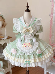Kitty-themed Matcha Green Sailor Collar Sweet Maid Lolita Dress with Heart Apron