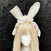White Sweet Lolita Lace Bunny Ear KC with Bow Accents