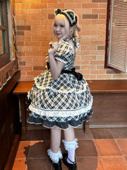 White & Black Plaid Puff Sleeves Sweet Lolita Dress with Sweetheart Appliques