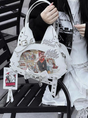 Kitty Ear Design Bowknot Studs Detail White PU Tote Ita Bag with Free Card Holder