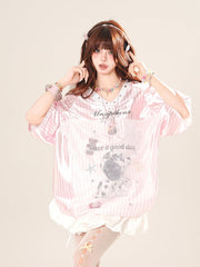 Pink/Silver Blokette Core V-Neck Striped T-Shirt