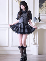 Jirai Kei Style Faux Two-Piece Outfit: Gray Striped Layered Lace-Trimmed Dress and Shorts