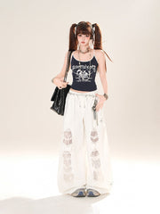 White Drawstring Waist Distressed Holes Wide-Leg Jeans